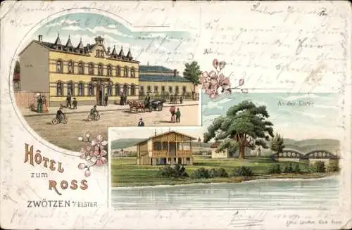 Litho Zwötzen Gera in Thüringen, Hotel zum Ross, an der Elster