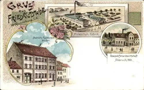 Litho Ronneburg in Thüringen, Friedrichshaide, Hedrichs Restaurant, Holzschuh-Fabrik