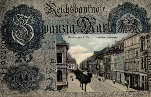 Geldschein Passepartout Ak Mühlhausen in Thüringen, Obermarkt, Steinweg, Reichsbanknote 20 Mark