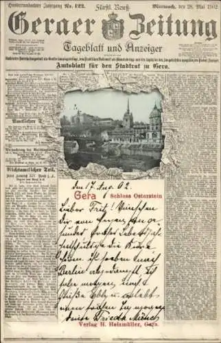 Zeitungs Ak Gera in Thüringen, Schloss Osterstein, Geraer Zeitung, Tageblatt und Anzeiger, 1902