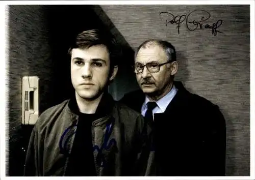 Foto Schauspieler Christoph Waltz und Rolf Schimpf, Filmszene, Autogramm