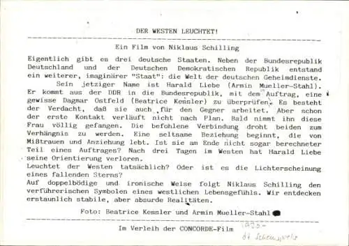 Foto Filmszene Der Westen leuchtet! D 1982, Niklaus Schilling, Armin Mueller-Stahl, Beatrice Kessler