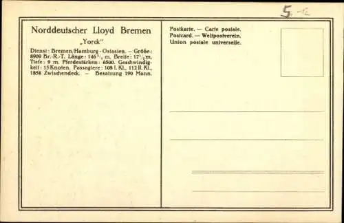 Ak Reichspostdampfer Yorck, Norddeutscher Lloyd Bremen