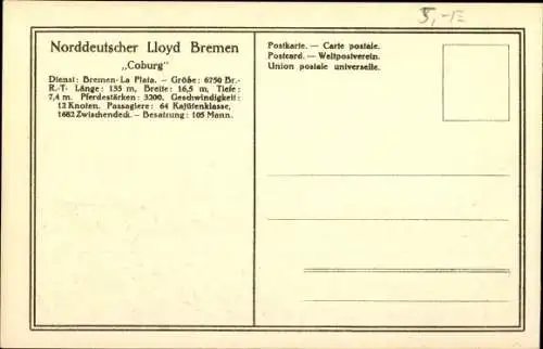 Ak Passagier- und Frachtdampfer Coburg, Norddeutscher Lloyd Bremen