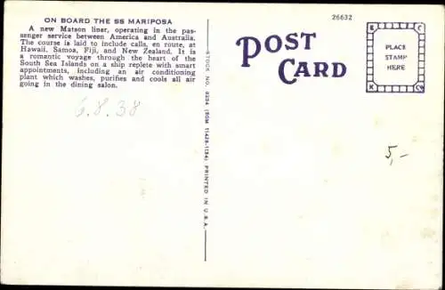 Ak Passagierschiff SS Mariposa, Matson Lines