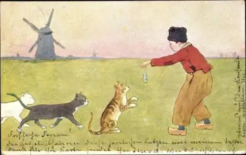 Künstler Ak Pepose, Junge in holländischer Tracht, Fisch, Katzen, Windmühle, BKWI 648 6