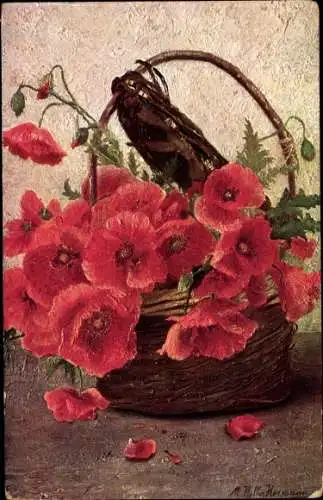 Künstler Ak Marie Keller-Hermann, Blumenkorb, Mohnblumen, Falter