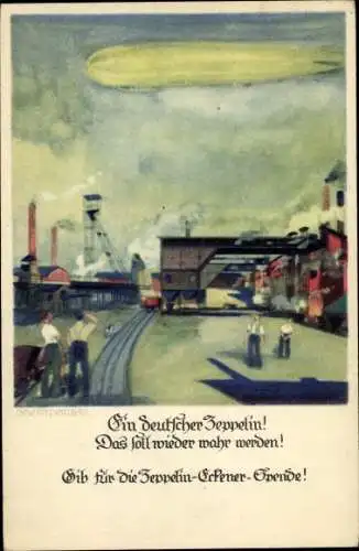 Künstler Ak Amtsberg, Otto, Ein Deutscher Zeppelin, Zeppelin Eckener Spende, Luftschiff, Fabrik