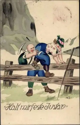 Künstler Ak Halt mir feste Justav, Bergsteigerpaar, Frau klettert über einen Zaun