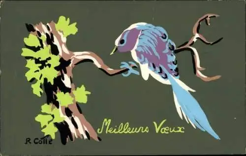 Handgemalt Ak Blauer Vogel auf einem Baum