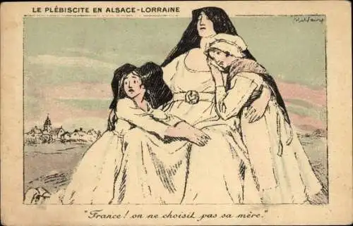 Künstler Ak Faivre, Abel, Le Plebiscite en Alsace Lorraine, Allegorie, Elsässer Volkstrachten