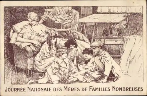 Künstler Ak Nolhac, H. d., Familienbild, Kinder, Stillende Mutter, Meres de Familles Nombreuses