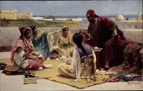 Künstler Ak Leinweber, Auf der Terrasse, Maghreb, Teppich, Gespräch