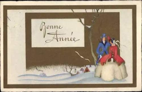 Ak Glückwunsch Neujahr, Elegantes Paar, Winterlandschaft