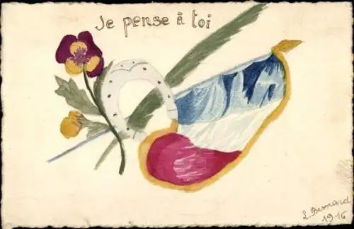 Handgemalt Ak Patriotik Frankreich, Hufeisen, Stiefmütterchen