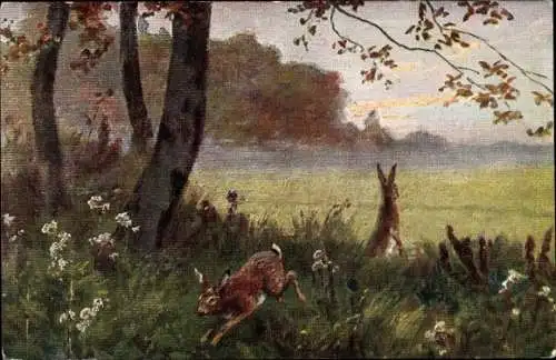 Künstler Ak Zwei Hasen auf einer Wiese