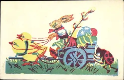 Ak Glückwunsch Ostern, Hase in einer Kutsche von Küken gezogen, Marienkäfer schiebt