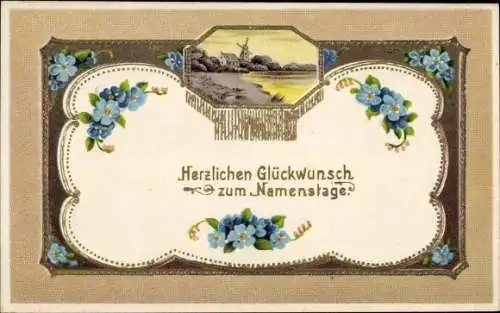 Präge Passepartout Ak Glückwunsch Namenstag, Landschaft, Vergissmeinnichtblüten