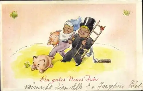Ak Glückwunsch Neujahr, Schornsteinfeger und Zwerg mit Schweinen
