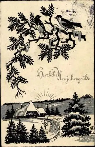 Ak Glückwunsch Neujahr, Winterlandschaft, Vögel