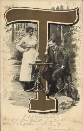 Buchstaben Ak T, Mann an einem Tisch, Wanderer, Kellnerin