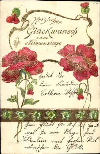Präge Litho Glückwunsch Namenstag, Mohnblumen