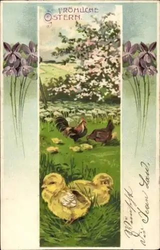 Präge Litho Glückwunsch Ostern, Küken und Hühner auf einer Wiese