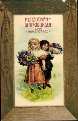 Passepartout Ak Glückwunsch Namenstag, Junge und Mädchen mit Blumensträußen