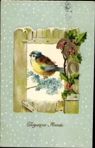 Präge Ak Glückwunsch Neujahr, Vogel, Vergissmeinnichtblüten, Hufeisen, Stechpalmenzweige