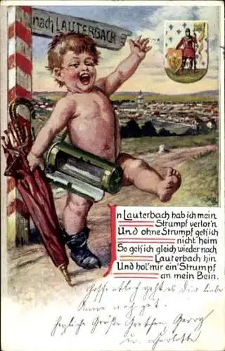 Wappen Ak Lauterbach in Hessen, Kind mit verlorenem Strumpf, Wegweiser