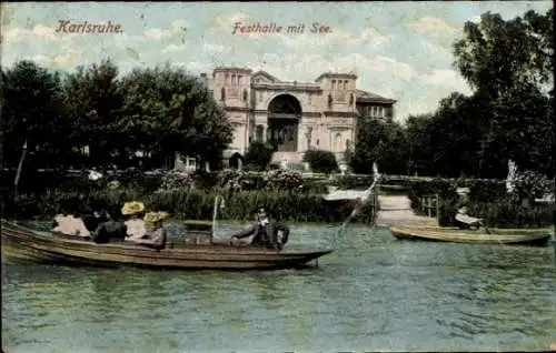 Ak Karlsruhe in Baden, Festhalle, See, Ruderboote