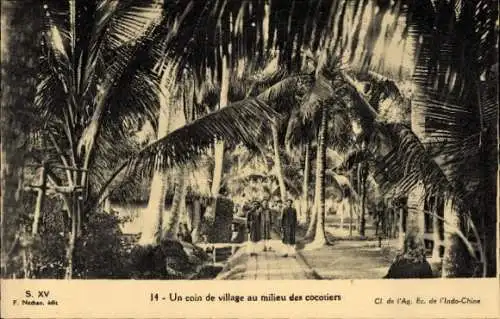 Ak Vietnam, Un coin de village au milieu des cocotiers, Dorfbewohner unter Palmen