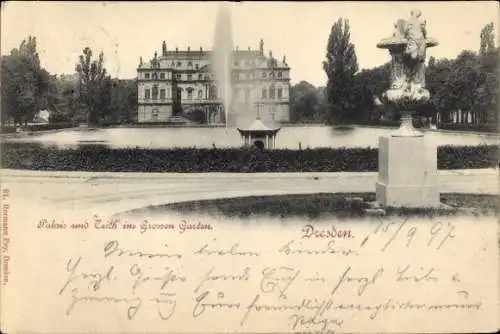 Ak Dresden Altstadt, Großer Garten, Palais, Teich, Statue