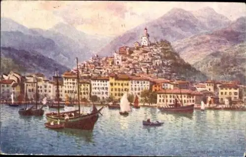Künstler Ak San Remo Ligurien, Blick vom Hafen zur Stadt
