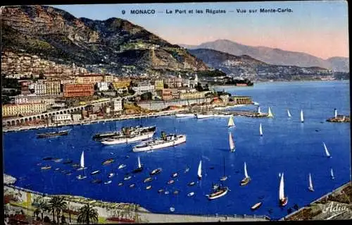 Ak Monaco, Der Hafen und die Regatten, Blick auf Monte Carlo
