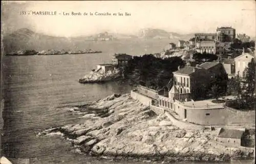 Ak Marseille Bouches du Rhône, Die Ufer der Corniche und die Inseln