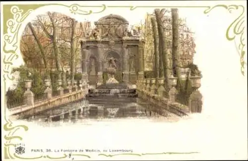 Litho Paris VI Luxembourg, Jardin du Luxembourg, La Fontaine de Medicis