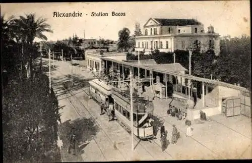 Ak Alexandria, Ägypten, Bahnhof Bacos, Straßenbahn