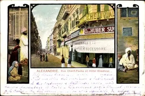 Ak Alexandria Ägypten, Rue Cherif Pacha und Hotel Khedivial, Straßenpartie