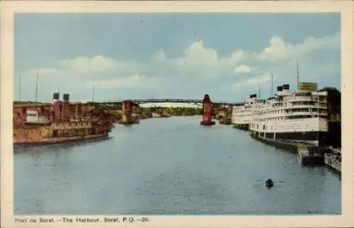 Ak Sorel Québec Kanada, Hafenansicht, Kreuzfahrtschiff