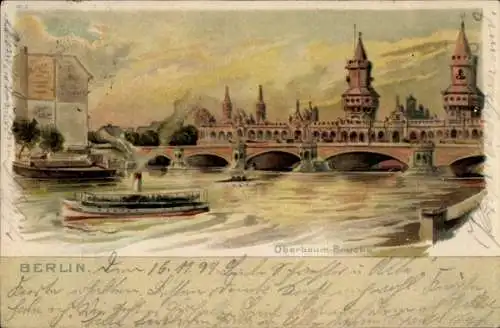 Litho Berlin Kreuzberg, Oberbaumbrücke, Dampfer