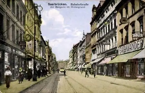Ak Saarbrücken im Saarland, Bahnhofstraße, Bergamt im Hintergrund
