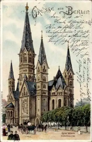 Litho Berlin Charlottenburg, Kaiser Wilhelm-Gedächtniskirche, Kutschen