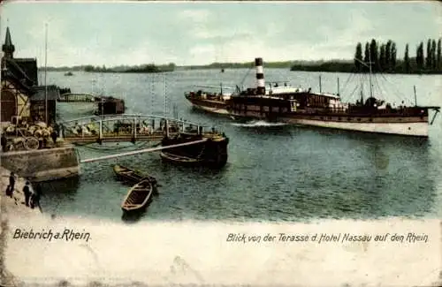 Ak Biebrich am Rhein Wiesbaden, Dampferanlegestelle von der Terrasse des Hotel Nassau