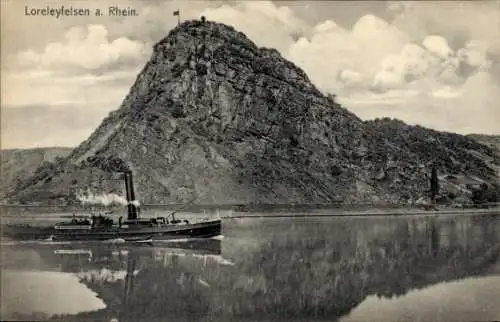 Ak Sankt Goarshausen am Rhein, Loreley, Loreleyfelsen, Dampfschiff