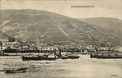 Ak Assmannshausen Rüdesheim am Rhein, Teilansicht, Schiffe