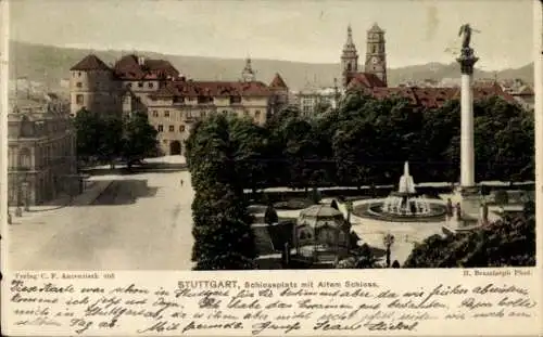Ak Stuttgart in Württemberg, Schlossplatz, Altes Schloss, Springbrunnen, Denkmal