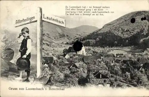 Ak Lautenbach im Renchtal Schwarzwald, Gesamtansicht, Wegweiser, Kind