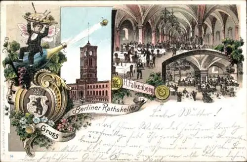 Litho Berlin Mitte, Berliner Ratskeller, H. Falkenberg, Sektflasche, Saal, Rathaus