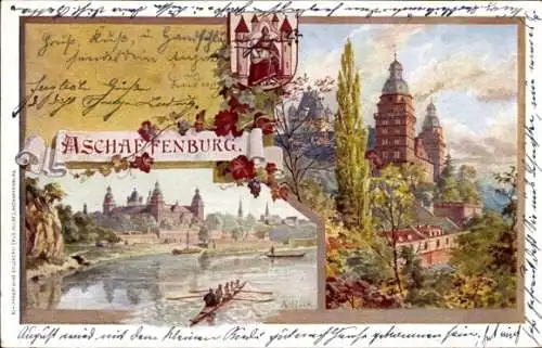 Künstler Ak Hock, A., Aschaffenburg Unterfranken, Schloss mit Flusspartie und Wappen